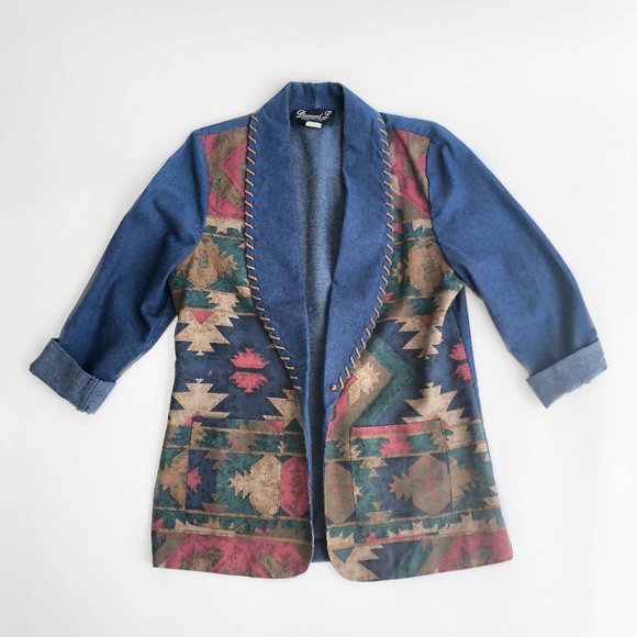 Vintage 80s Southwestern chambray jacket blazer S M - Picture 2 of 4